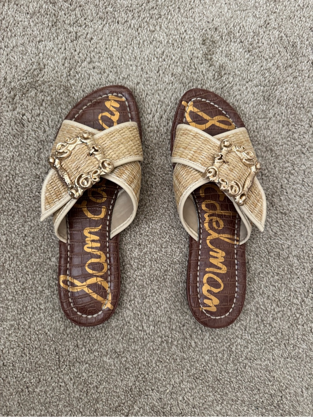 Sam Edelman Natural Raffia Slide Sandals with Gold Buckle Accent